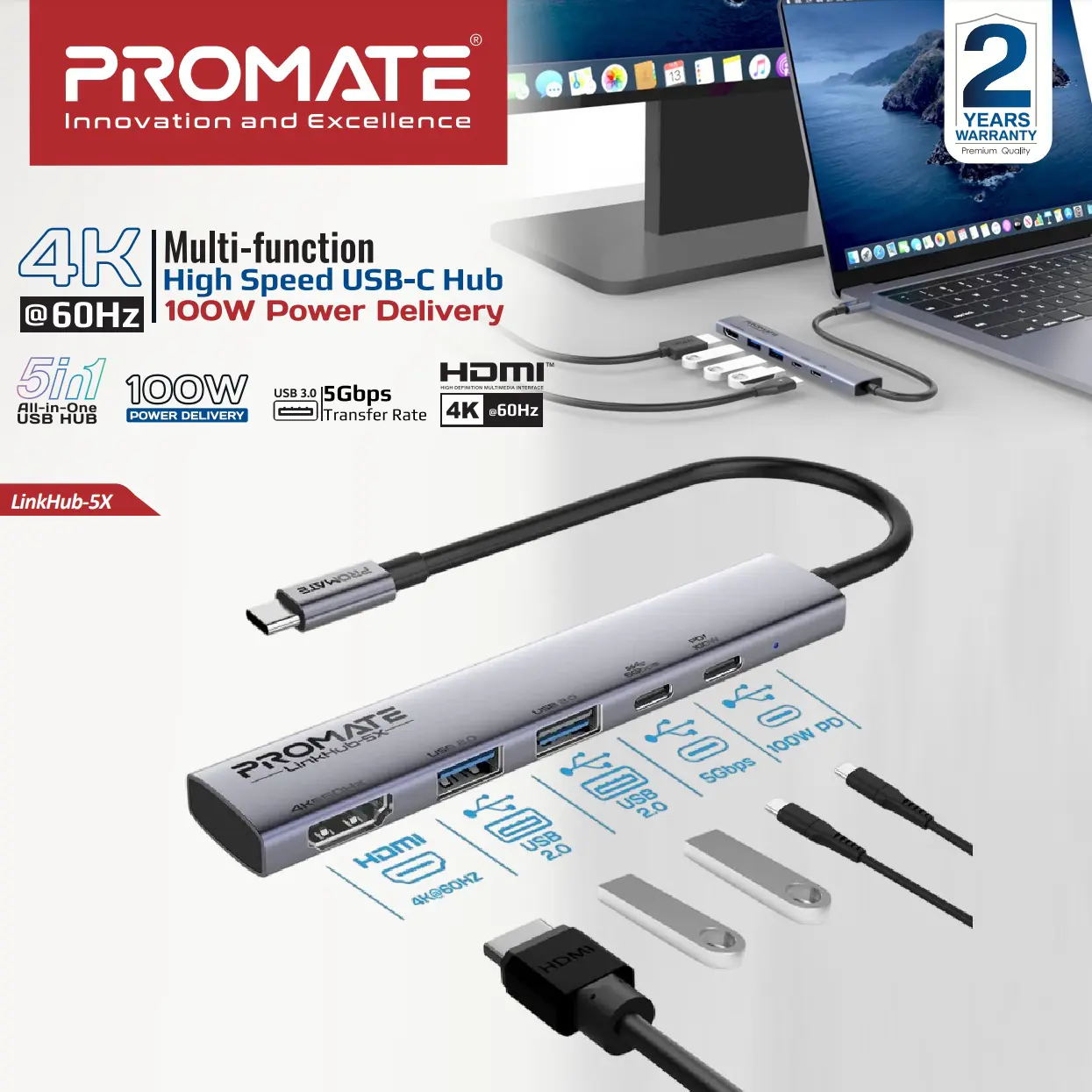 LINKHUB-5X Promate LinkHub-5X Multi-Function USB-C Hub Promate LinkHub-5X Multi-Function USB-C Hub with 100W USB-C Power Delivery