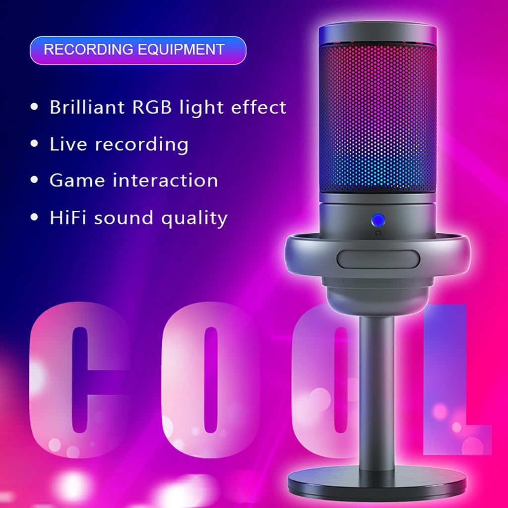 USB Microphone RGB with Stand Colorful Plug & Play Gaming Microphone for PC Computer Live Recording Noise Canceling Condenser Microphone (ME6S