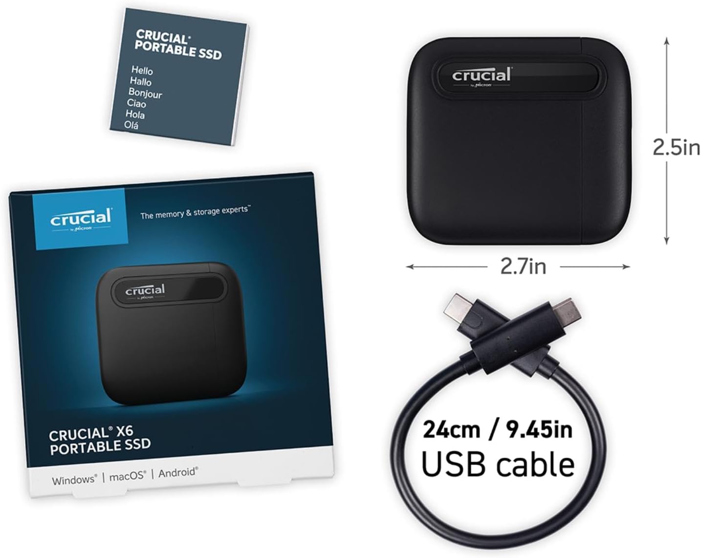 CT1000X6SSD9 Crucial X6 1TB Portable SSD 800MBs USB-C Crucial X6 1TB Portable SSD - Up to 800MB/s - PC and Mac - USB 3.2 USB-C External Solid State Drive - CT1000X6SSD9