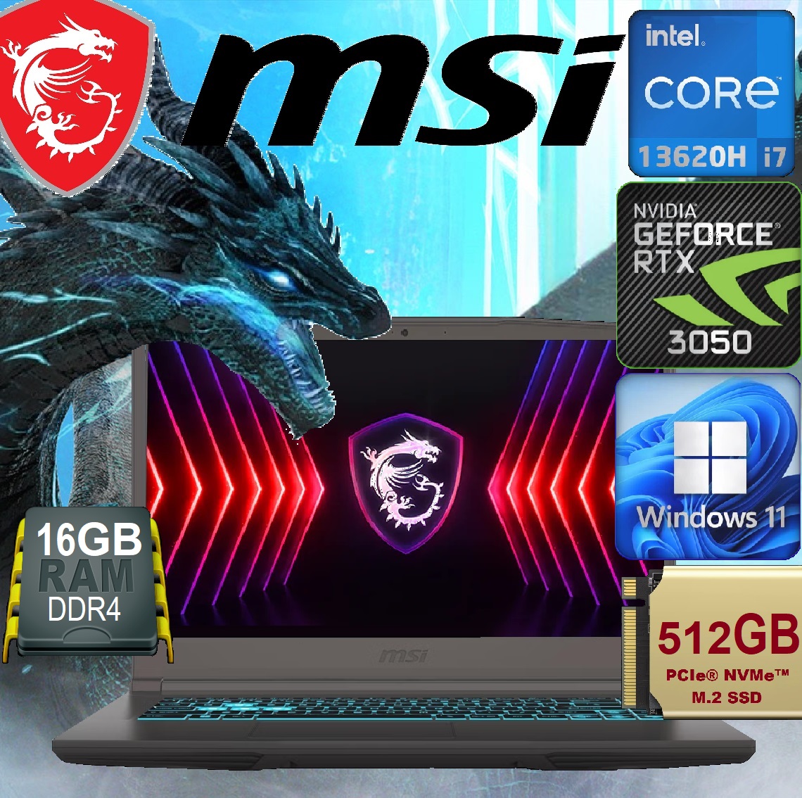 9S7-16R831-2004 MSI Thin 15 B13U i7-13620H RTX 3050 16GB RAM MSI Thin 15 B13U Intel® Core™ i7-13620H | DDR4 16GB RAM ; 512GB SSD | RTX™ 3050