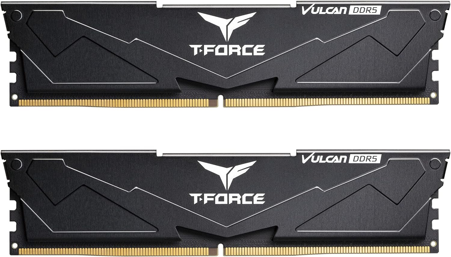 FLBD532G6000HC38ADC01 T-FORCE VULCAN DDR5 32GB RAM Kit 6000MHz CL38 TEAMGROUP T-FORCE VULCAN DDR5 32GB (2x16GB) 6000MHz (PC5-48000) CL38 Intel XMP 3.0 & AMD Expo Compatible Desktop Memory Module Ram Black FLBD532G6000HC38ADC01