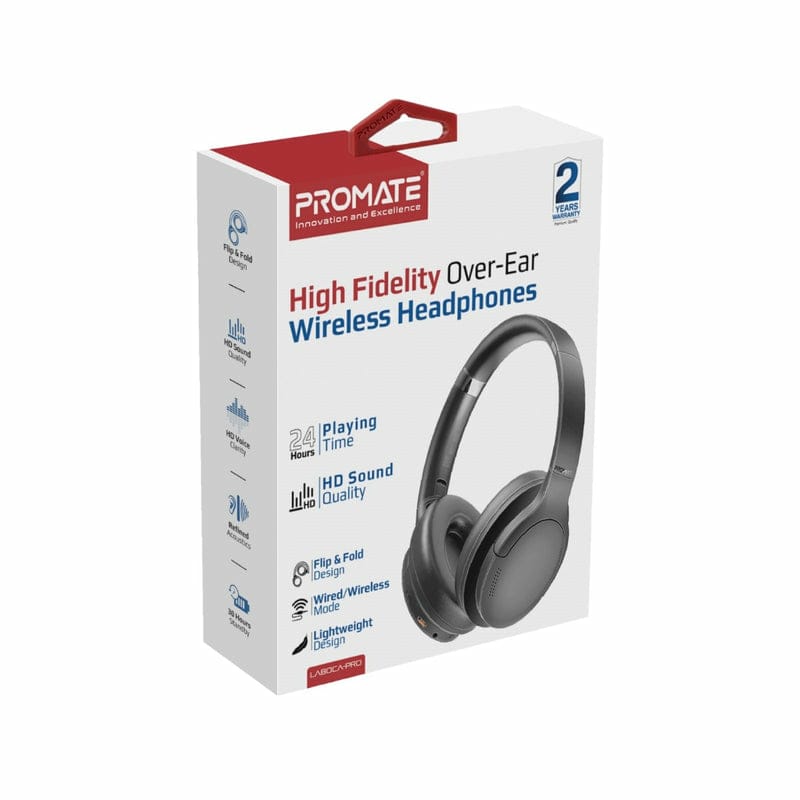 Promate High Fidelity Over-Ear Wireless Headphones ; HD SOUND QUALITY ; FLIP & FOLD DESIGN ; BOTH WIRELESS OR WIRED MODE ; LIGHTWEIGHT DESIGN .