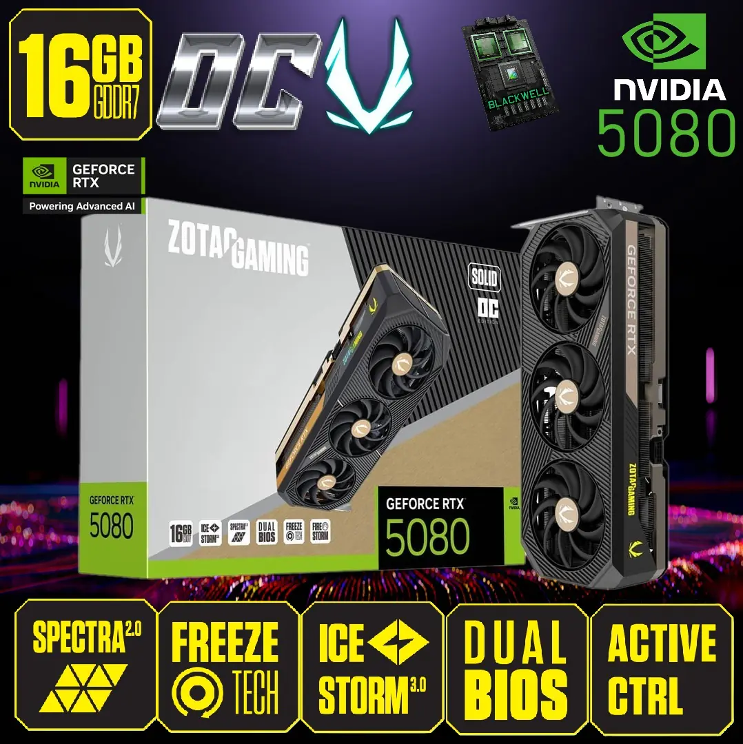 ZT-B50800J-10P GeForce RTX 5080 SOLID OC 16GB GDDR7 ZOTAC GAMING GeForce RTX 5080 SOLID OC