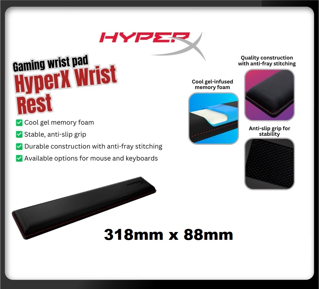 HYPERX WRIST REST 60% 318mm x 88mm HYPERX WRIST REST 60% 318mm x 88mm – COOL GEL-INFUSED MEMORY FOAM – ANTI-FRAY STITCHING – ANTI-SLIP GRIP -  Black
