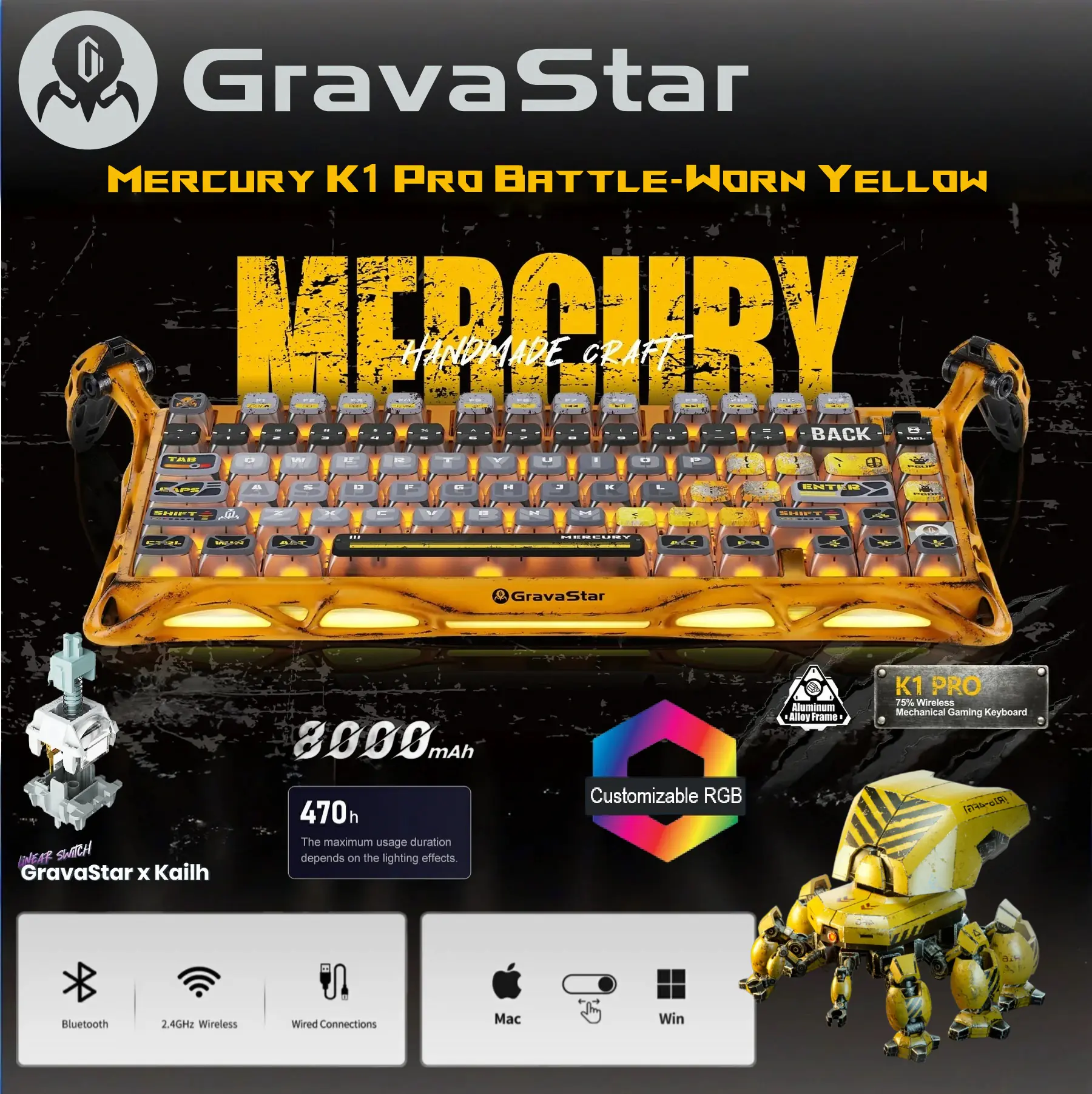 505437-MERCURY-K1-BY GravaStar Wireless Mechanical Yellow Keyboard Kailh Switch GravaStar Mercury K1 Pro 75% Wireless Mechanical Gaming Keyboard