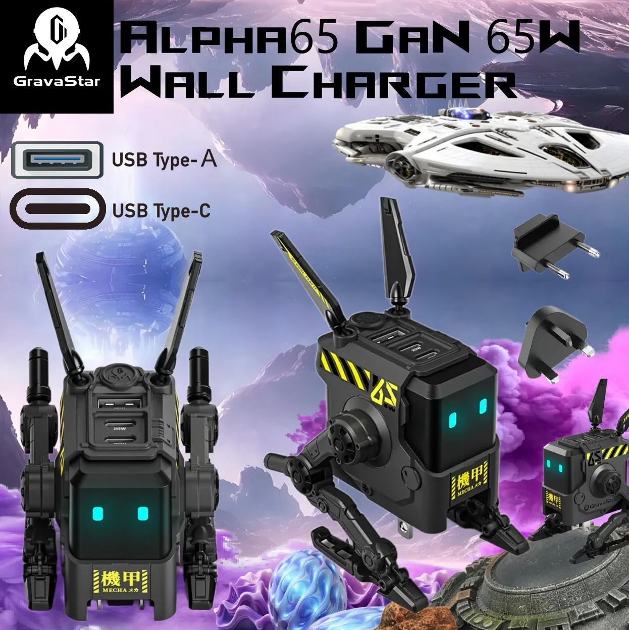 504307 GravaStar Alpha65 GaN 65W Wall Charger Robot GravaStar Alpha65 GaN 65W Wall Charger Robot –  3 USB Ports