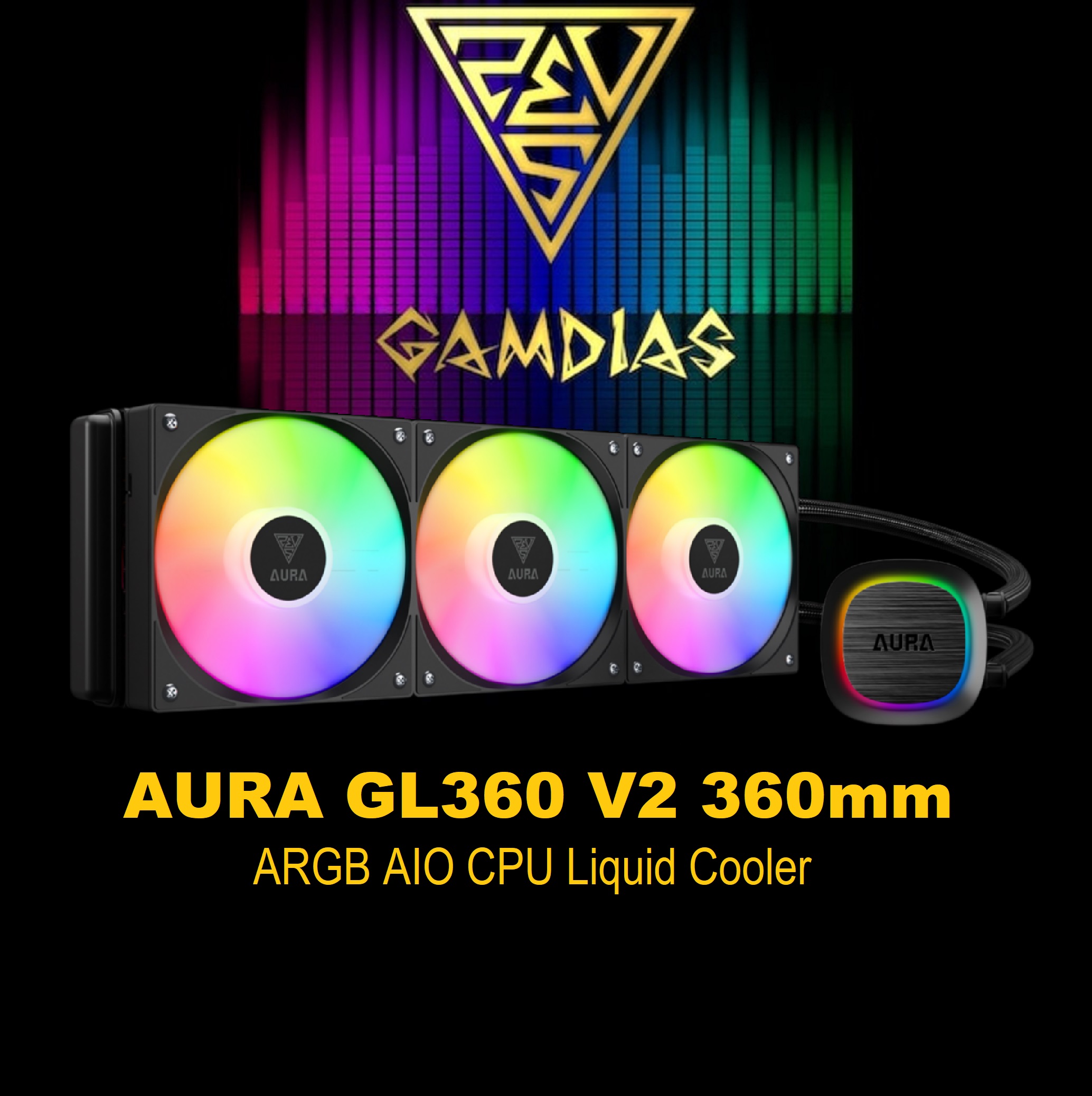 GAM-AURA-GL360-V2 GL360 V2 360mm ARGB AIO CPU Liquid Cooler GAMDIAS AURA GL360 V2 360mm CPU Liquid Cooler with 120 mm PWM Fans x3 