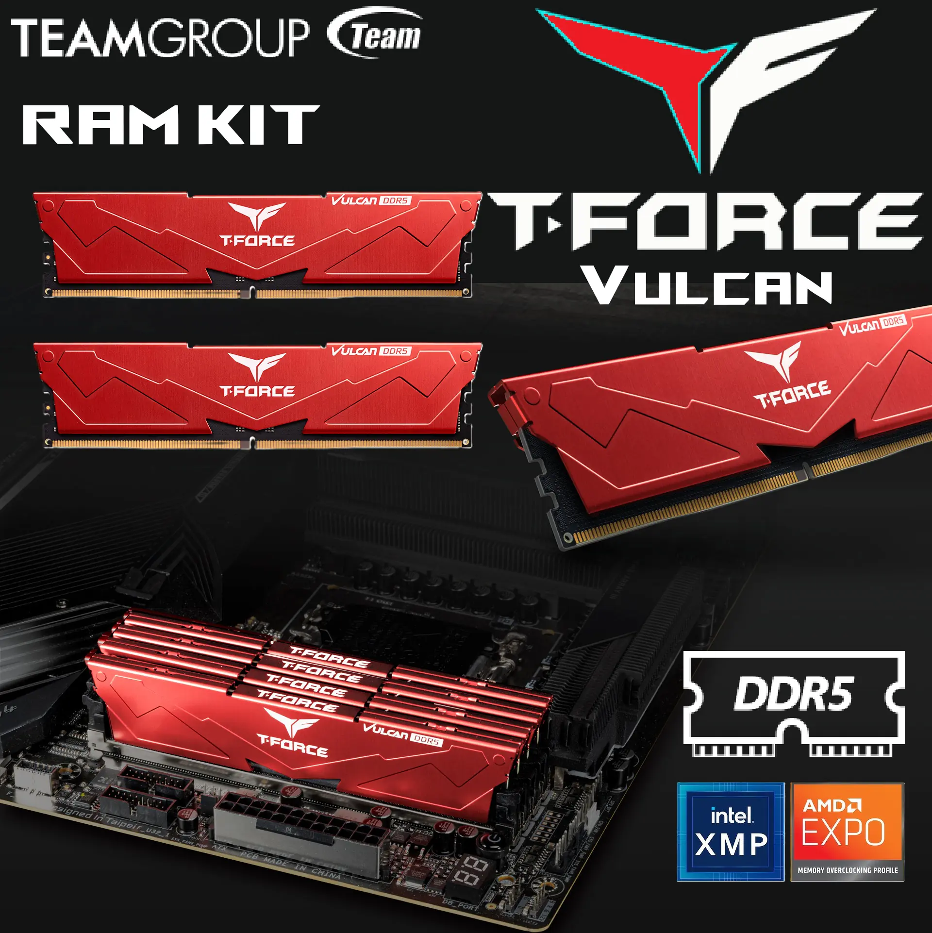 FLRD532G6000HC38ADC0 T-Force Vulcan DDR5 RED RAM Kit 32GB 6000MHz TEAMGROUP T-Force Vulcan DDR5 32GB (2x16GB) 6000MHz (PC5-48000) CL38 Intel XMP 3.0 & AMD Expo Compatible Desktop Memory Module RAM