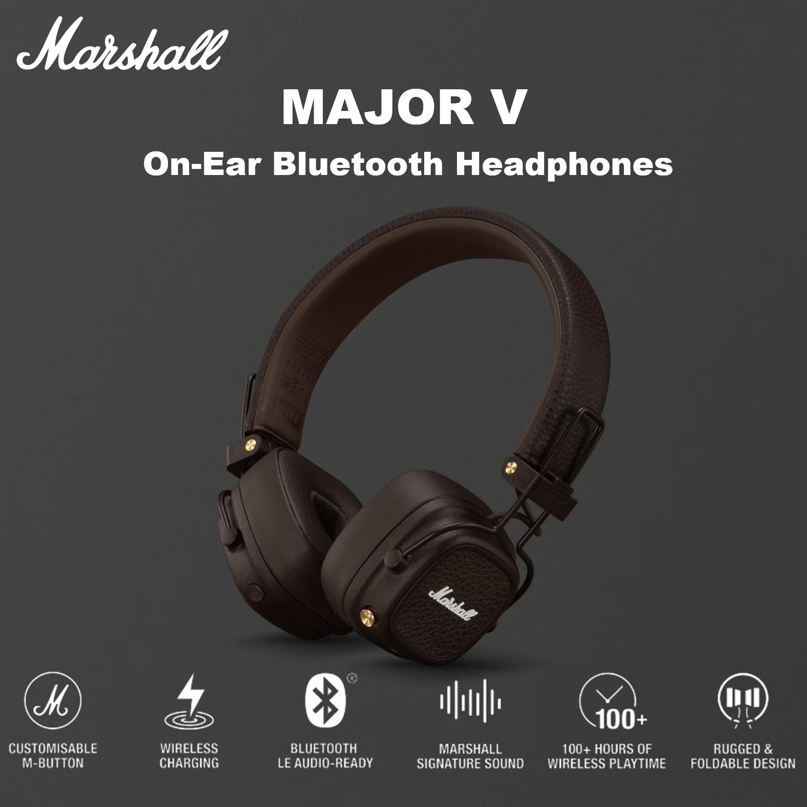 MAJOR-V MARSHALL MAJOR V HEADPHONES 3.5MM INTEGRATED WIRELESS CHARGING BROWN Marshall MAJOR V On-Ear Bluetooth Headphones With 100+ Hours Playtime