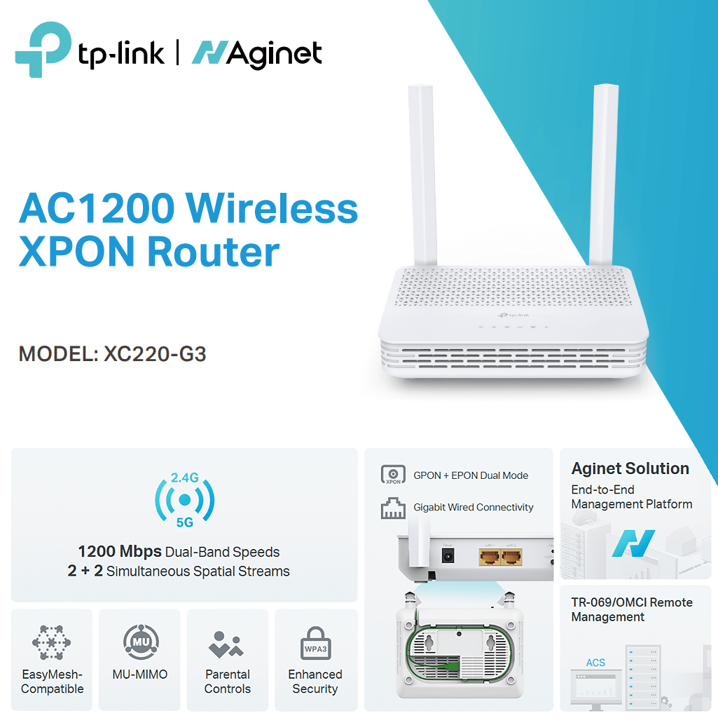 TPLINK-XC220-G3 TPLINK AC1200 WIRELESS XPON ROUTER TP-Link Aginet XC220-G3 AC1200 Wireless XPON Router Dual-Band 1.2Gbps WiFi