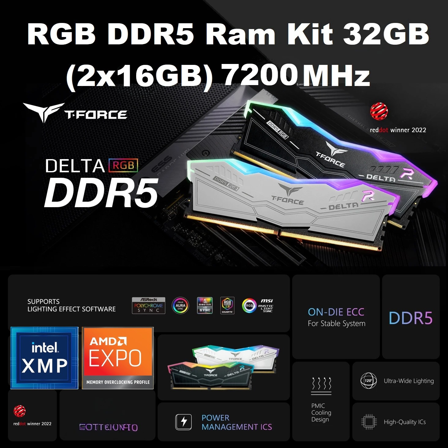 FF3D564G6000HC38ADC0 DELTA RGB DDR5 Ram Kit 32GB 7200 MHz CL34 Team T-Force Delta RGB DDR5 Ram Kit 32GB (2 x 16GB) 288-Pin PC 7200 MHz (PC5 57600) 1.40V CL34  Desktop Memory Model Intel XMP 3.0 & AMD EXPO Compatible