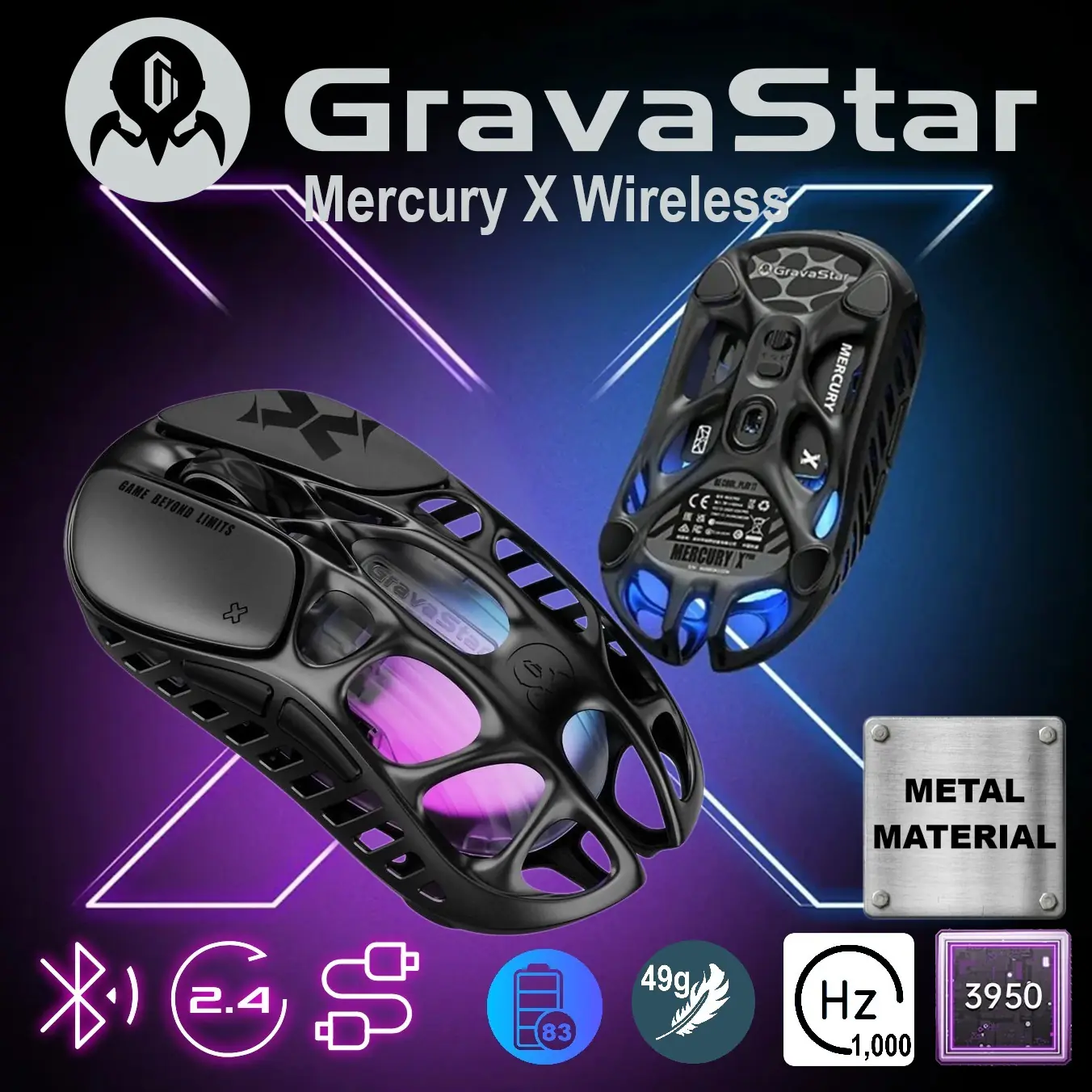 505439-MERCURY-X-GB Mercury X Wireless Gaming Metal Mouse 49g GravaStar Mercury X Wireless Gaming Mouse 49g