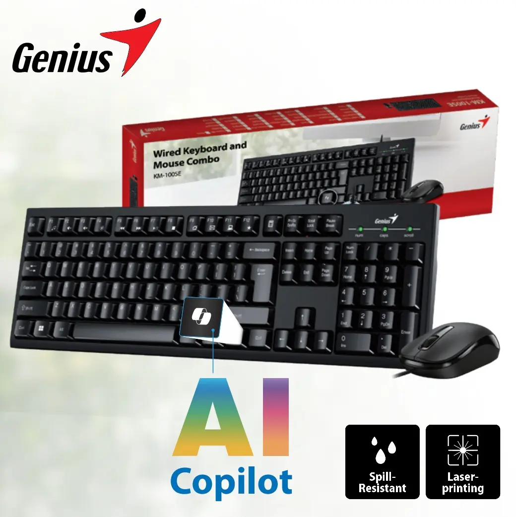KM-100SE Wired AI Copilot Keyboard and Mouse COMBO GENUIS AI Copilot Key Multimedia Wired Keyboard & High-Resolution Optical USB Mouse Combo with 12 Function Keys