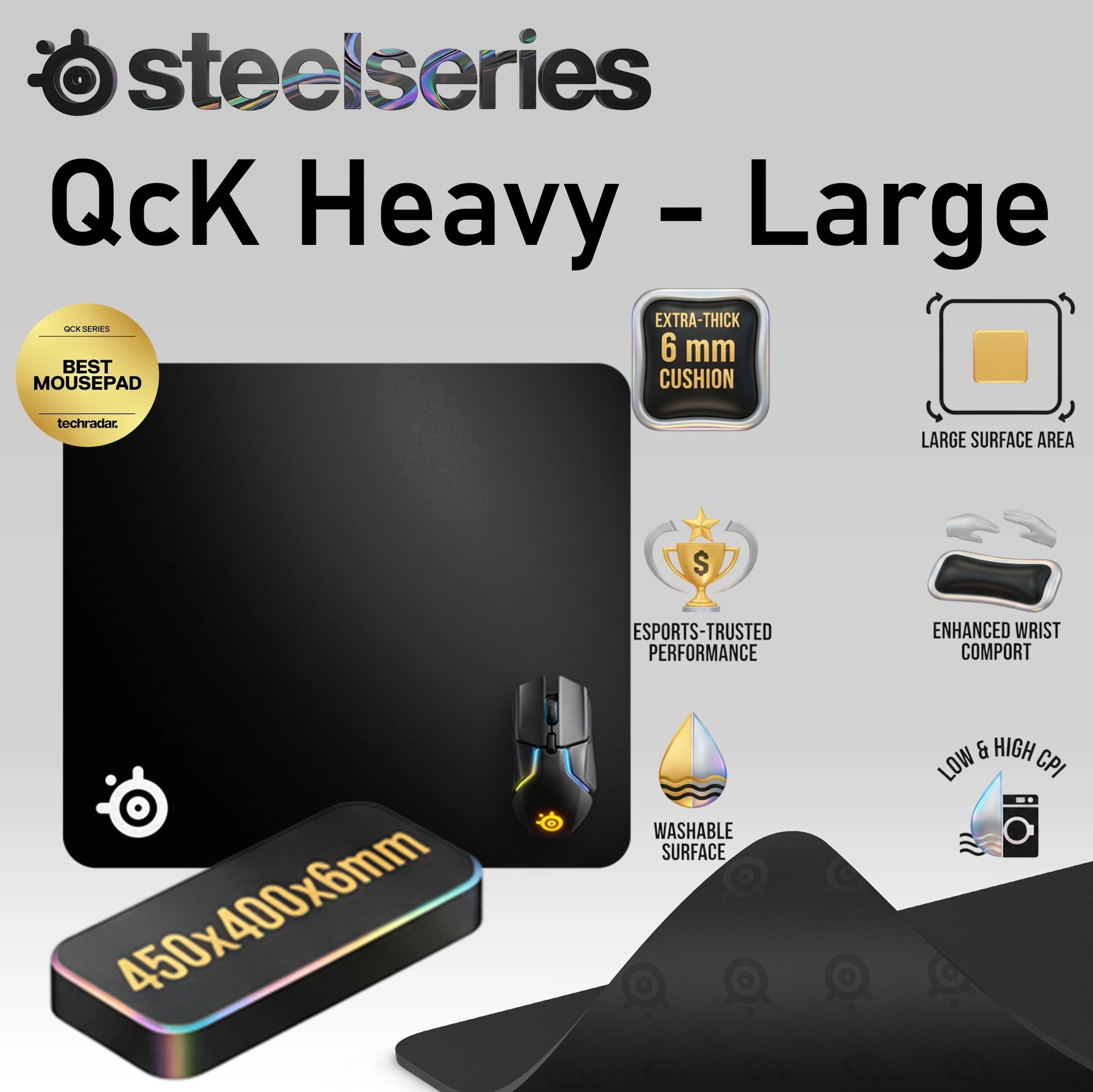 SteelSeries QcK Heavy Large Extra Thick Micro-Woven Gaming Mousepad – 450x400x6mm – Non-Slip Rubber Base