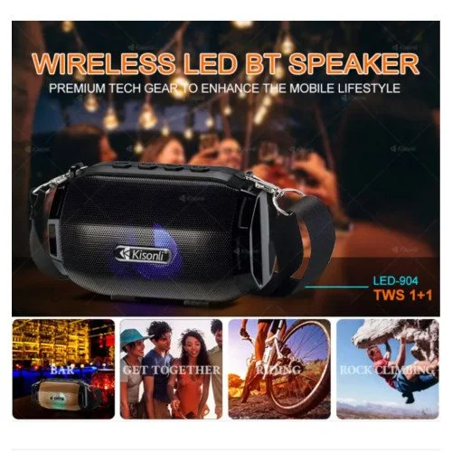 KISONLI LED-904 Wireless Bluetooth Mini Portable Speaker 5W Output, 1200mAh Battery, LED Lighting, FM Radio, USB/TF/AUX, TWS 1+1, Black