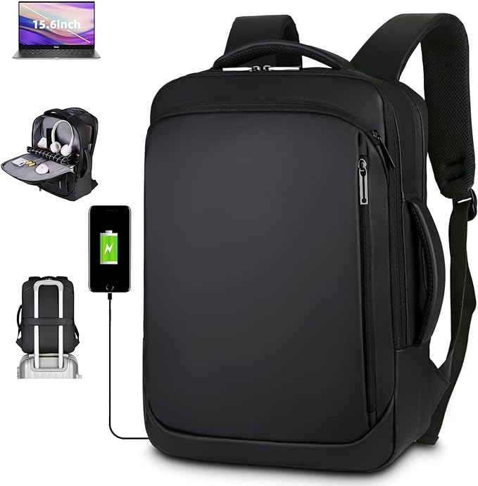 Multifunctional Travel Laptop Backpack - Casual Business Design - Charging USB Port - Anti-theft Pocket - Organized Compartments - Waterproof  - Heavy Duty - Holds up to 15.6" Laptops - Flight Approved Carry On Backpack - Black Casual Business Multifunctional Travel Laptop Backpack