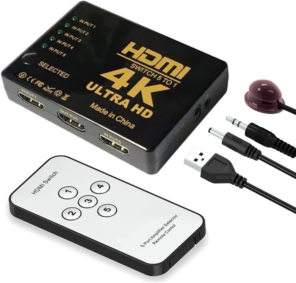4K HDMI Switch 5 Port Video Switcher Supports 3D Full 1080P Ultra HD HDMI Splitter with IR Remote