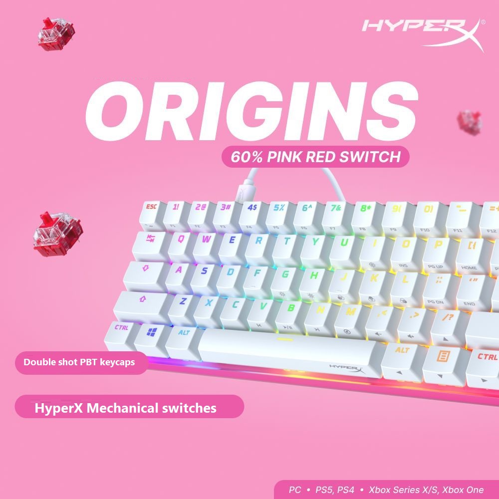 HyperX Alloy Origins 60 - Mechanical Gaming Keyboard - Ultra Compact 60% Form Factor - Linear Red Switch - Double Shot PBT Keycaps - RGB LED Backlit - NGENUITY Software Compatible - Pink HyperX 60 Mechanical Gaming Keyboard - PINK EDITION