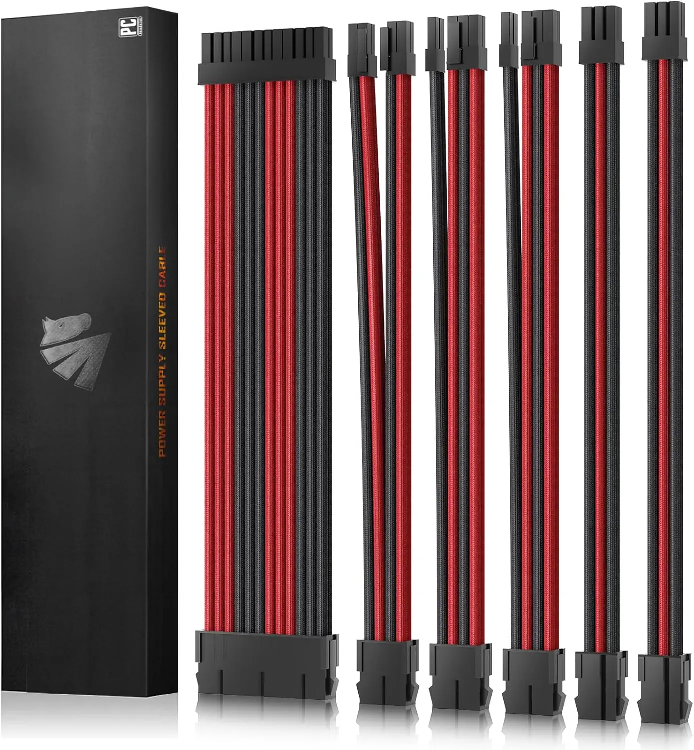 AsiaHorse 18AWG Red-Black Sleeved PSU Extension Cable Kit – 6 Pack, 300mm, PET Braided, Phosphor Copper Terminals, Durable & Flexible Cable Management Solution
