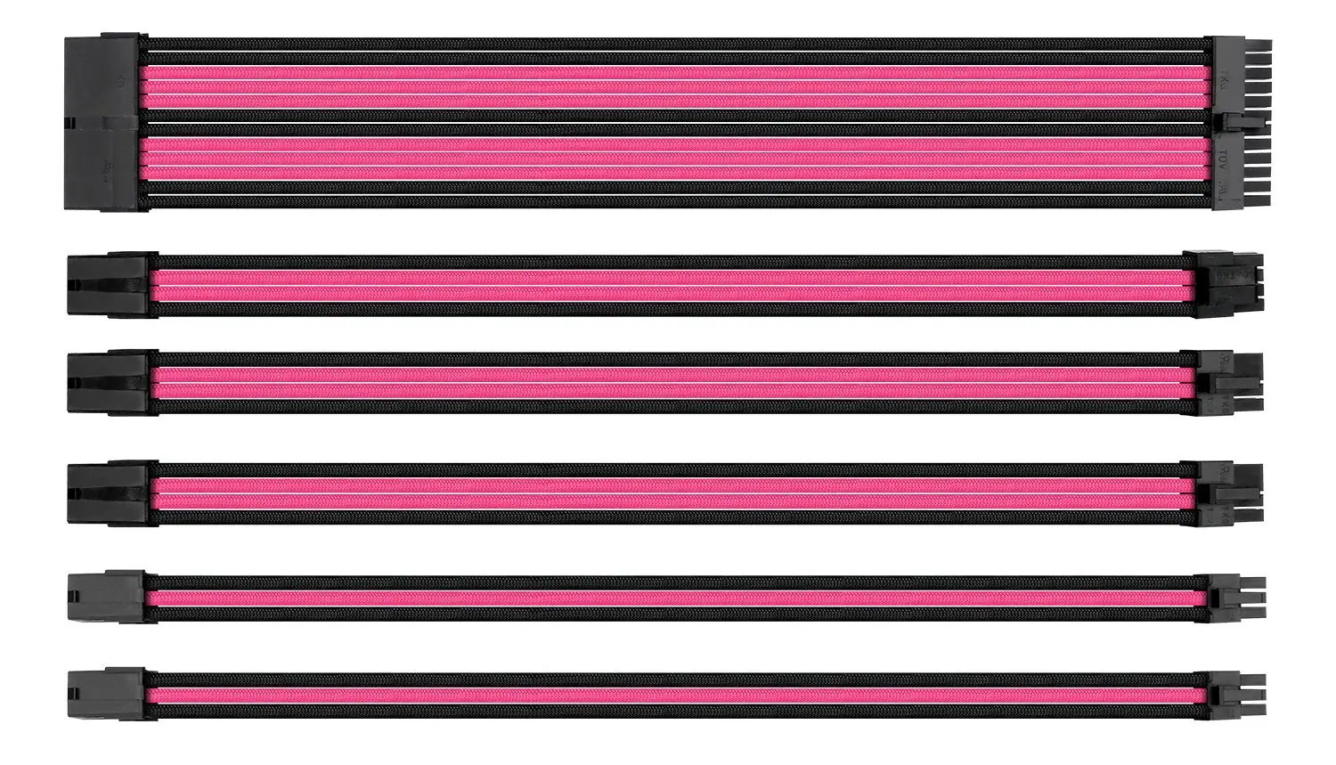 AsiaHorse 18AWG Black-Pink Sleeved PSU Extension Cable Kit – 6 Pack, 300mm, PET Braided, Phosphor Copper Terminals, Durable & Flexible Cable Management Solution