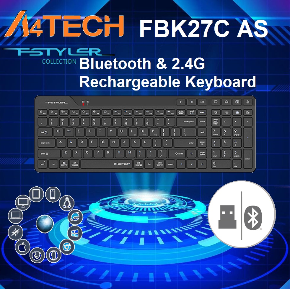 FBK27C Bluetooth or Dongle Wireless Keyboard FBK27C A4tech Bluetooth & 2.4G Rechargeable Keyboard (FBK27C AS) - Dual Connectivity