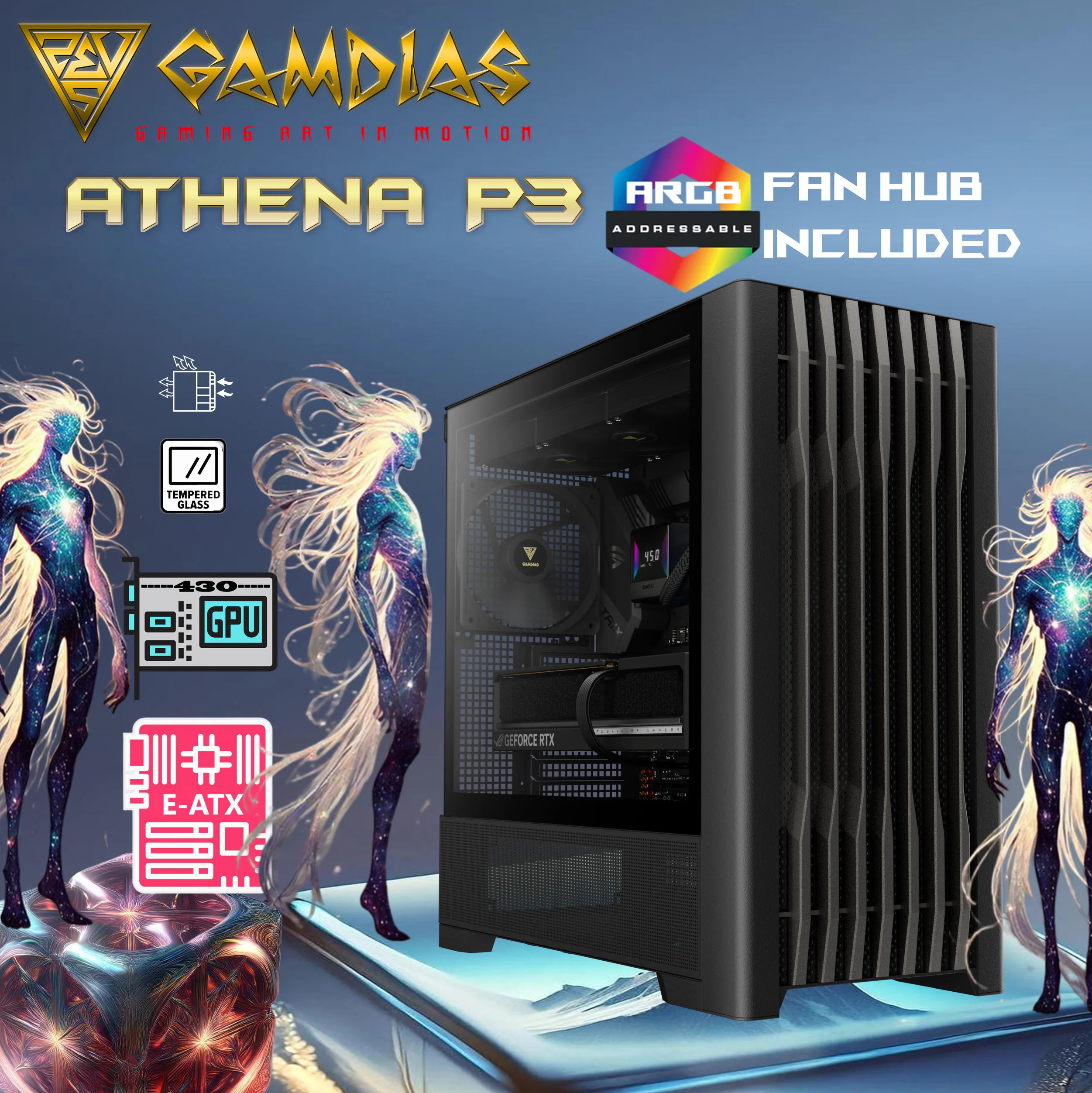 GAMDIAS-P3-BK GAMDIAS CASE ATHENA P3 MID TOWER TG*1 / FAN*4 140mm E-ATX + HUB BLACK