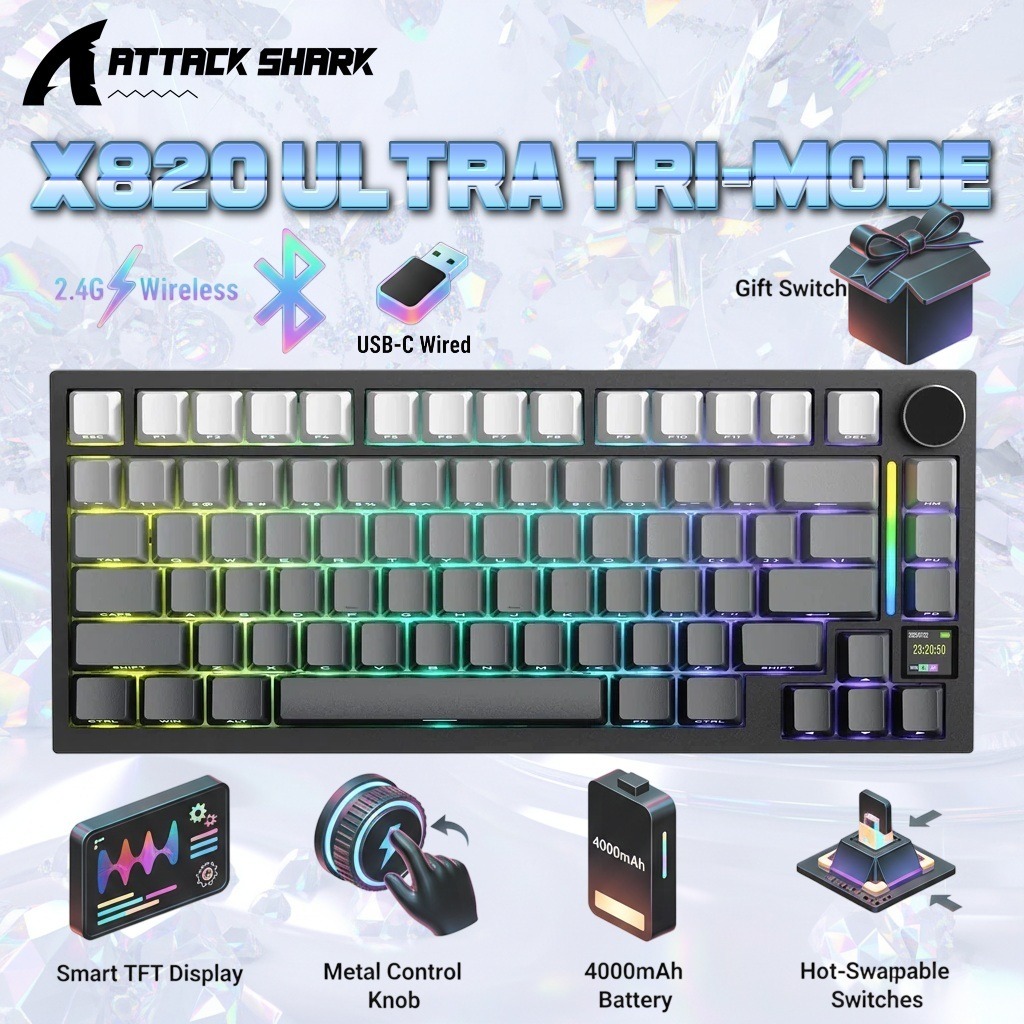 ATTACK SHARK X820 Ultra 75% Tri-Mode Gasket Mechanical Keyboard With Smart TFT Display