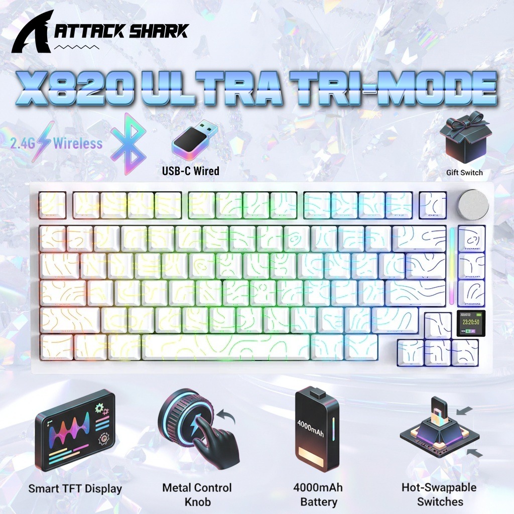 ATTACK SHARK X820 Ultra 75% Tri-Mode Gasket Mechanical Keyboard With Smart TFT Display