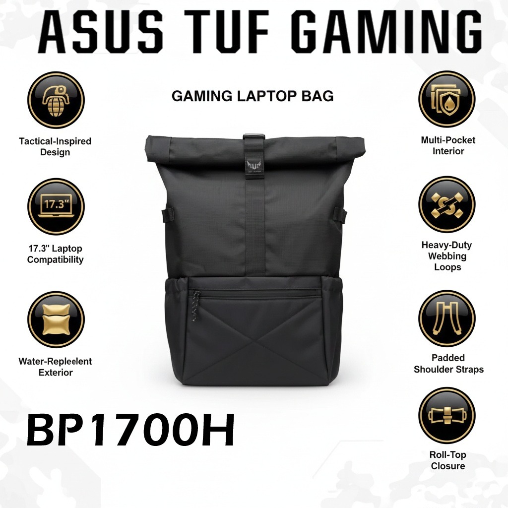 ASUS TUF Gaming BP1700H Tactical Laptop Backpack For 17.3-Inch Notebooks With Water-Repellent Polyester