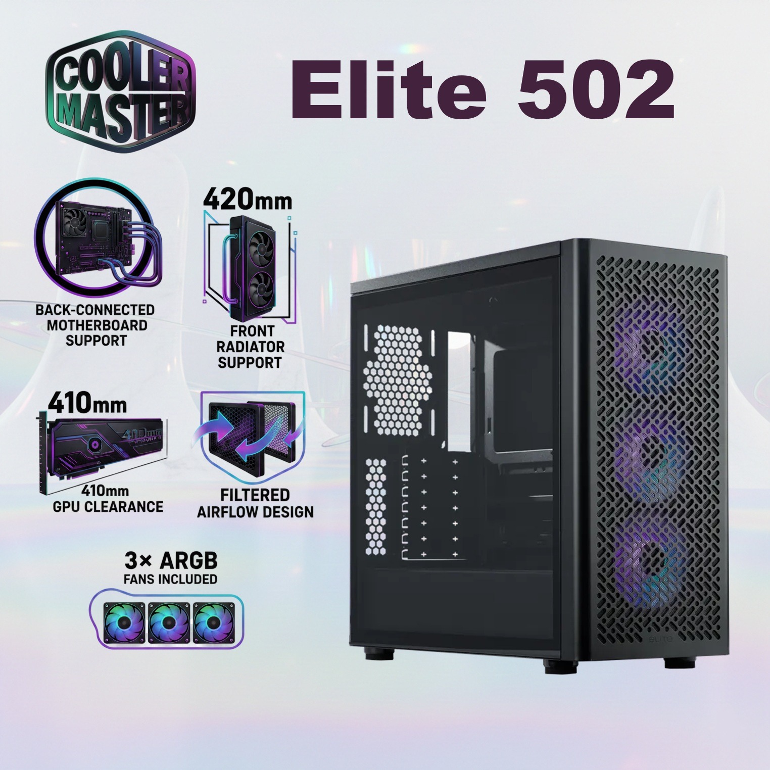 Cooler Master Elite 502 ATX Mid Tower PC Case With Back-Connected Motherboard Support