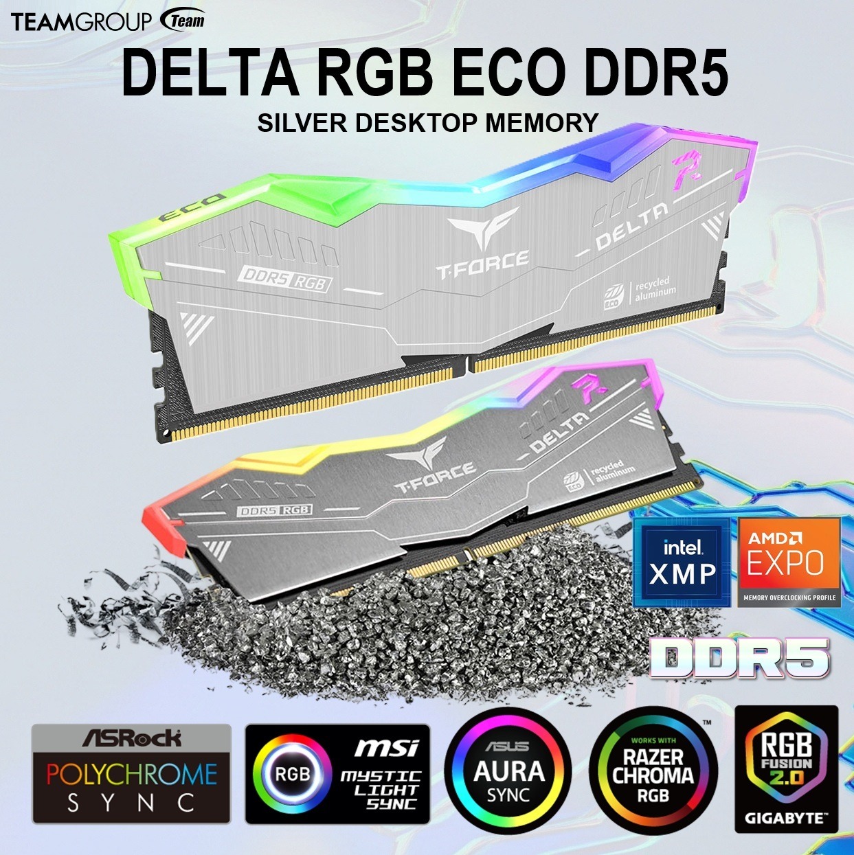 FF2D532G6400HC38JDC0 RAM TEAM TFORCE DELTA RGB 32GB (16X2) 6400MHZ CL38 TEAMGROUP T-FORCE DELTA RGB ECO DDR5 32GB (2x16GB) 6400MHz CL38 Silver