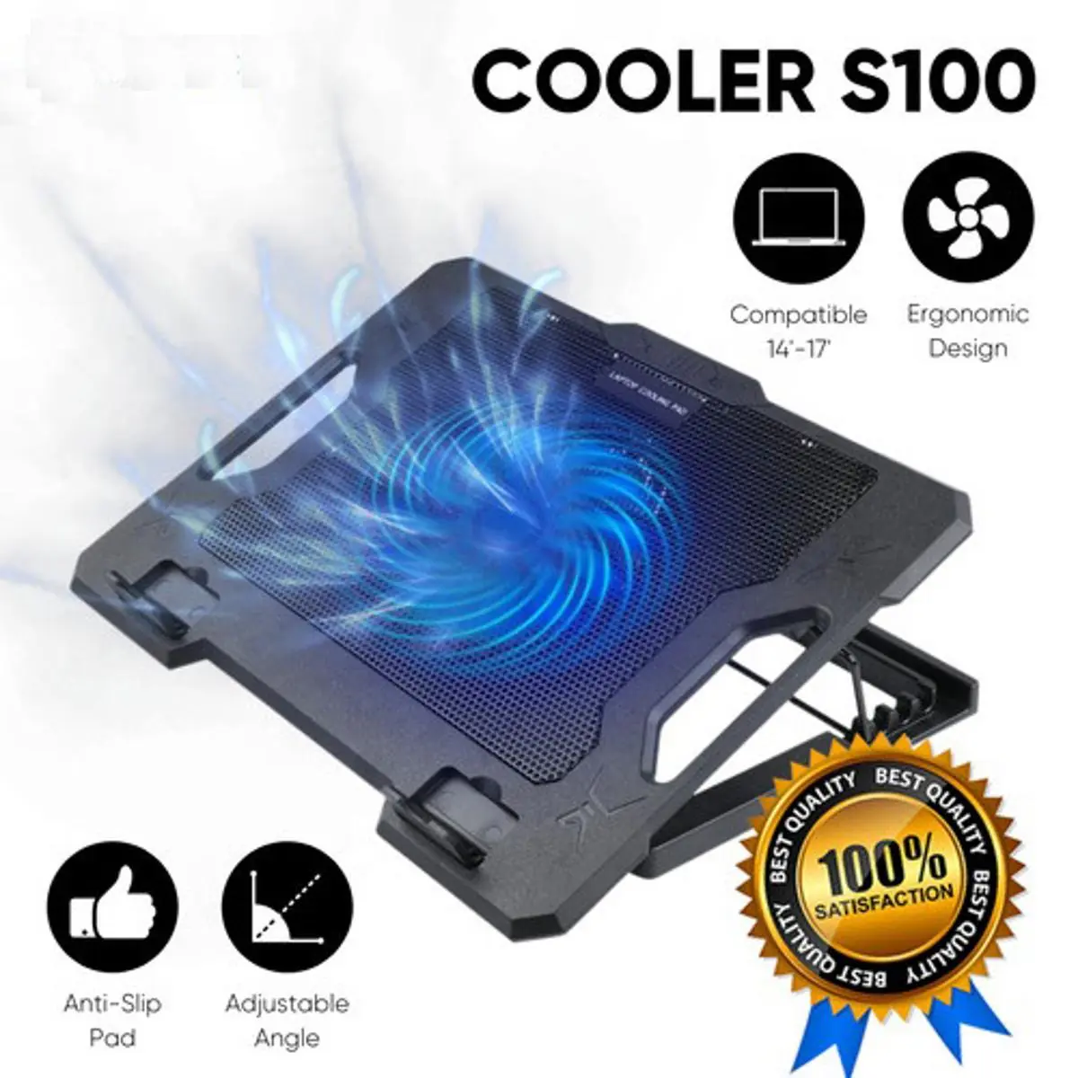 S100 Laptop Cooler – Silent 140mm RGB Fan, 9"-17" Support, Dual USB Ports, 4-Level Height Adjustment, Slim Design, 37×27.5×2.7cm, Plastic & Metal