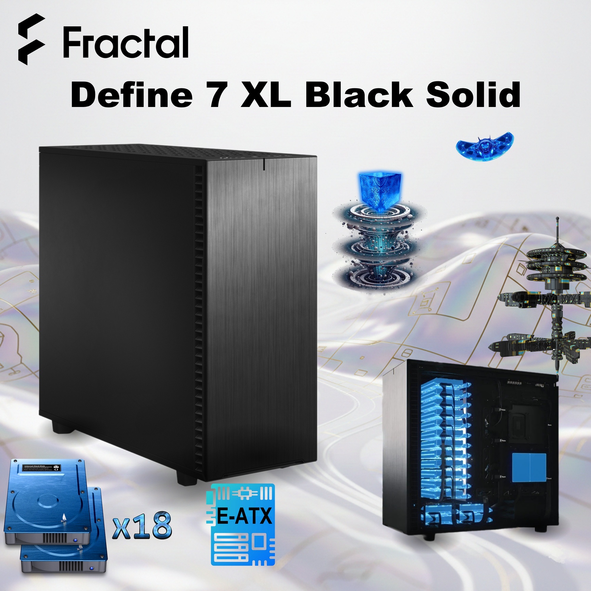 FD-C-DEF7X-01 FRACTAL DESIGN DEFINE 7 XL BLACK FULL TOWER GAMING CASE Fractal Design Define 7 XL Black Solid Full Tower Case With Dual-Layout Interior