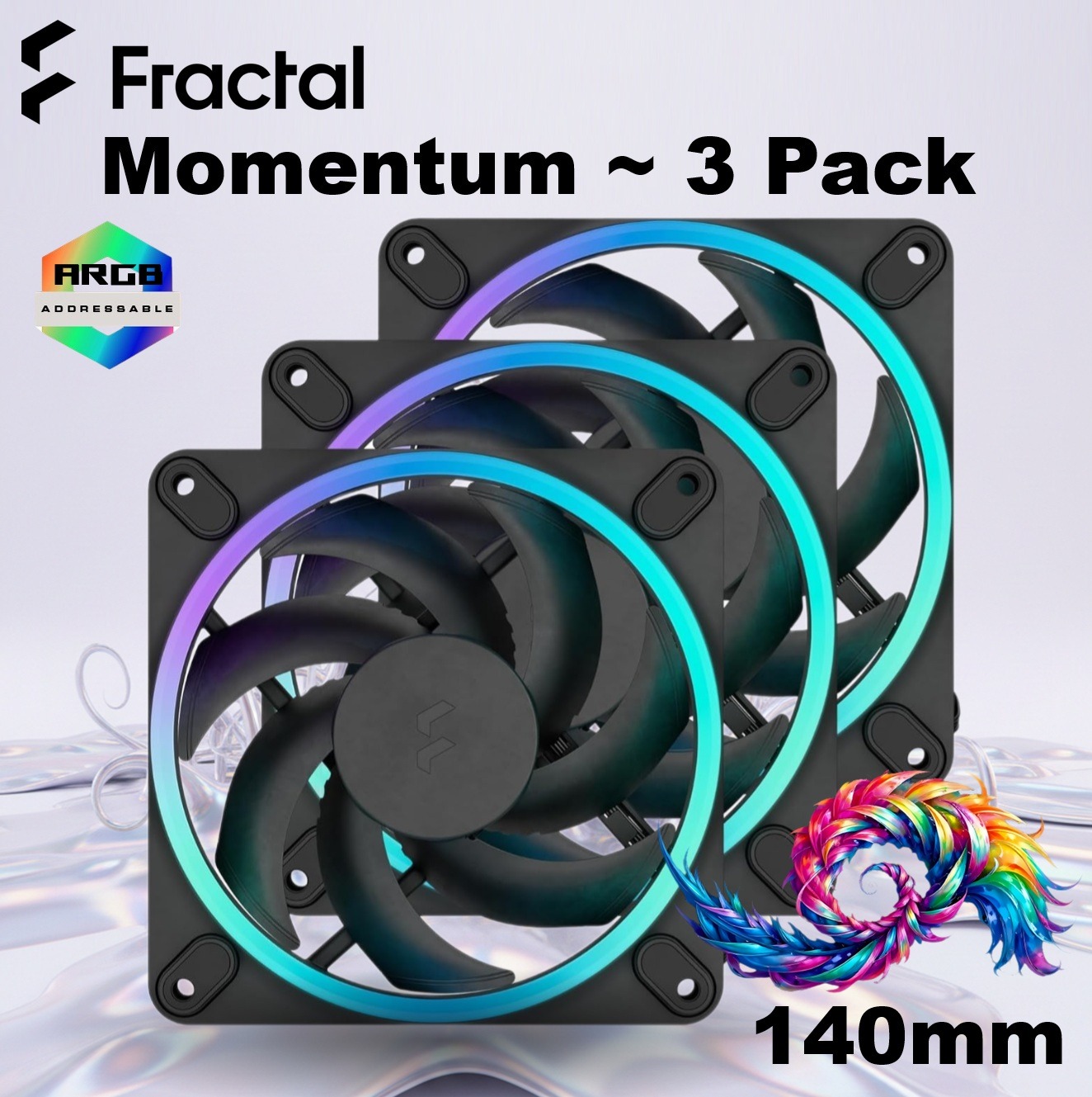 FD-F-MR1-1403 FRACTAL DESIGN MOMENTUM 14 ARGB 140MM PWM 3 PACK FANS Fractal Momentum 14 RGB 3-Pack High-Airflow 140mm Fans With ARGB Gen 2 Lighting