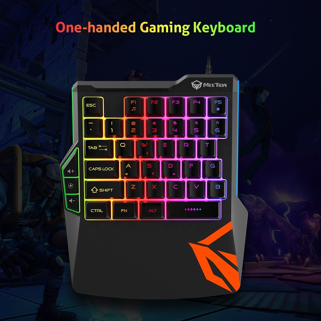 MEETION KB015 One-Handed Wired Gaming Keyboard – Rainbow LED Backlight, 35 Keys, Anti-Ghosting, USB, Ergonomic Design, Plug & Play