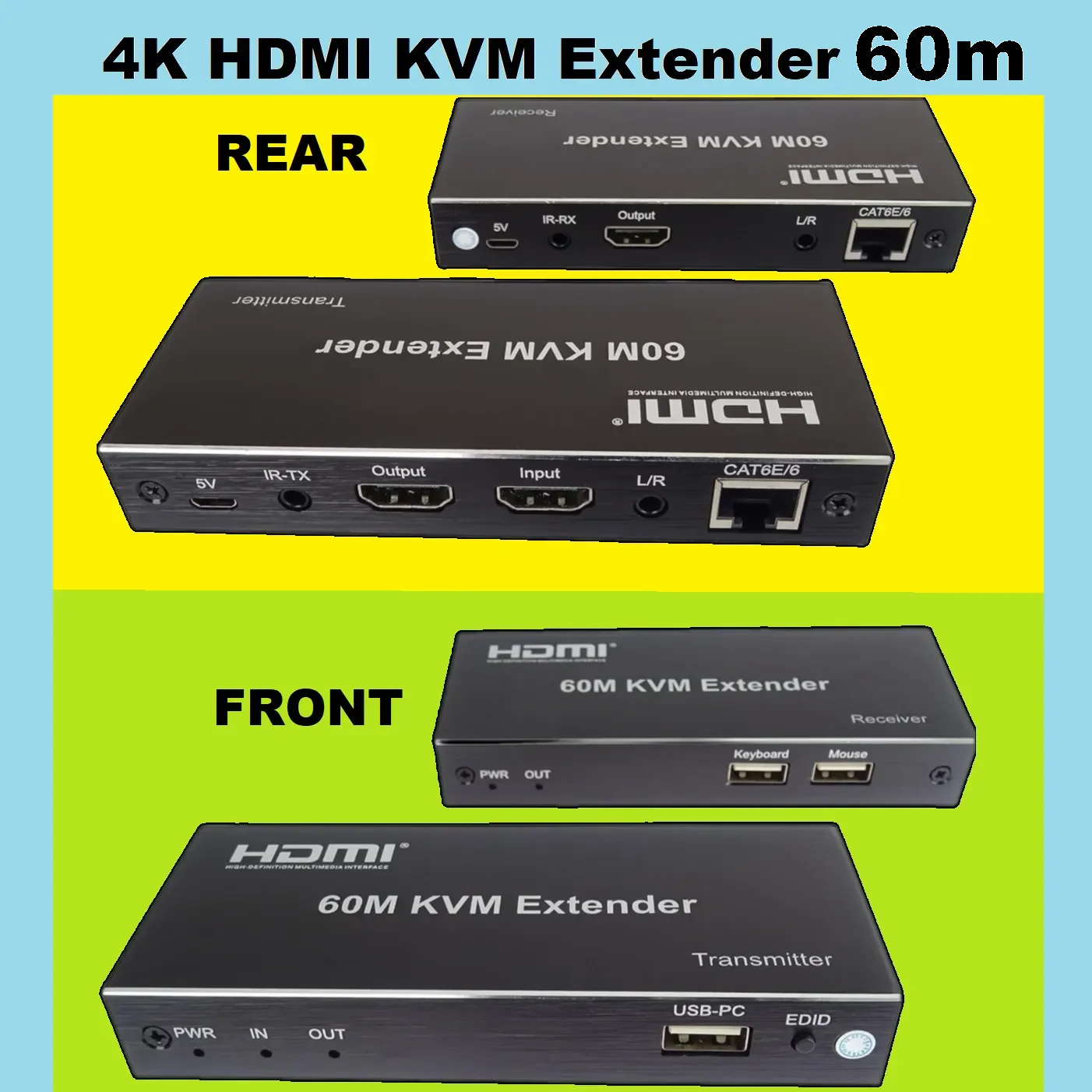 HDMI-60M-KVM HDMI EXTENDER 60M KVM USB PWR LAN BLUE BOX HDMI KVM Extender Kit " Transmitter TX & Receiver RX " Supports Audio Output and 2 x USB up to 60 meters Over Patch Cable CAT6E/6