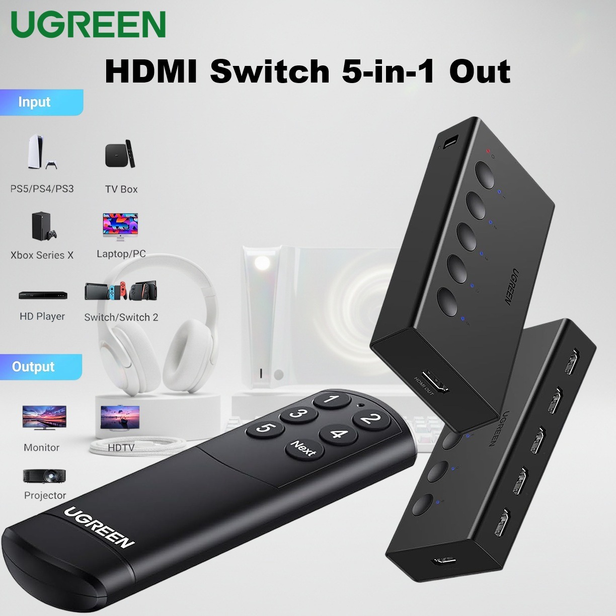 UGREEN-90512 UGREEN 90512 5 IN 1 OUT HDMI SWITCH UGREEN HDMI Switch 5-in-1 Out 4K@60Hz with Remote | HDMI 2.0 Splitter Selector Box | Supports HDR