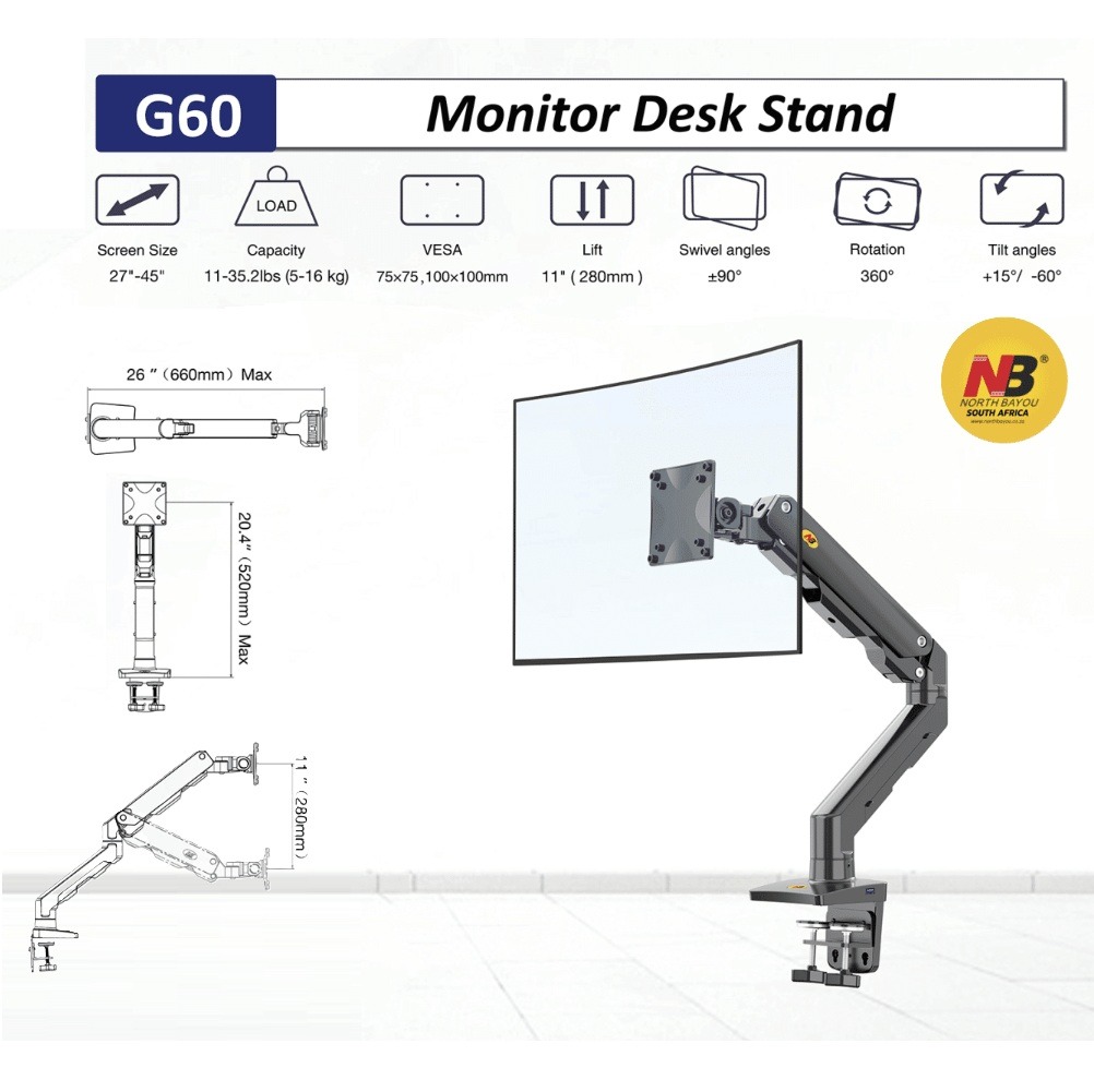 NB-G60 NB G60 Single Heavy Duty Monitor Arm Supports 27" to 45" NB North Bayou Heavy Duty Monitor Arm Desk Mount