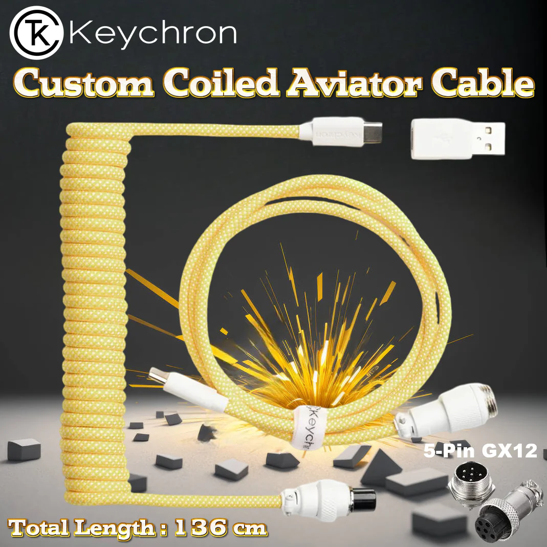 KEYCHRO-CAB-16-YELLO KEYCHRONE CABLE PREMIUM COILED TYPE C YELLOW  Keychron Custom Coiled Aviator Cable With Straight Connector