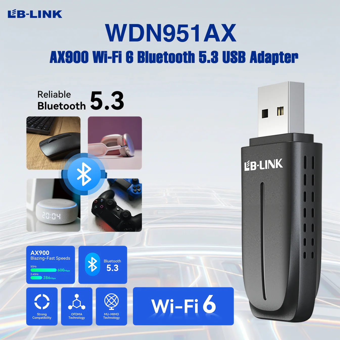 LB-LINK-BL-WDN951AX LB LINK AX900 + BLUETOOTH WIRELESS DUAL BAND USB ADAPTER USB WIFI 6   LB-LINK WDN951AX AX900 Wi-Fi 6 Bluetooth 5.3 USB Adapter | Dual-Band 900Mbps | Plug-And-Play | Ultra-Low Latency | USB 2.0 | Compatible With Windows 7