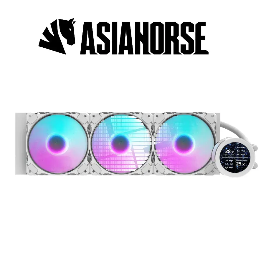 ASIAHORSE 360mm ARGB Liquid Cooler with LCD Display – 3x120mm PWM Fans, 2.8" IPS Screen, Copper Cold Plate, 65CFM, Intel & AMD Compatible, White