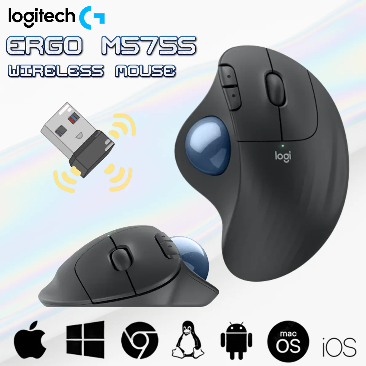 910-007035 LOGITECH MOUSE M575S ERGO WIRELESS GRAPHITE + BLUE BALL Logitech Ergo M575S Wireless Trackball Mouse With Bluetooth & Logi Bolt USB