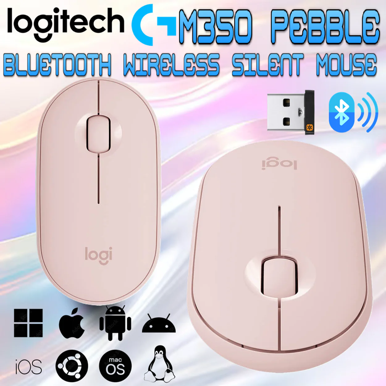 910-005575 LOGITECH MOUSE M350 PEBBLE WIRELESS PINK Logitech M350 Pebble Wireless Silent Mouse with Bluetooth or 2.4 GHz Receiver