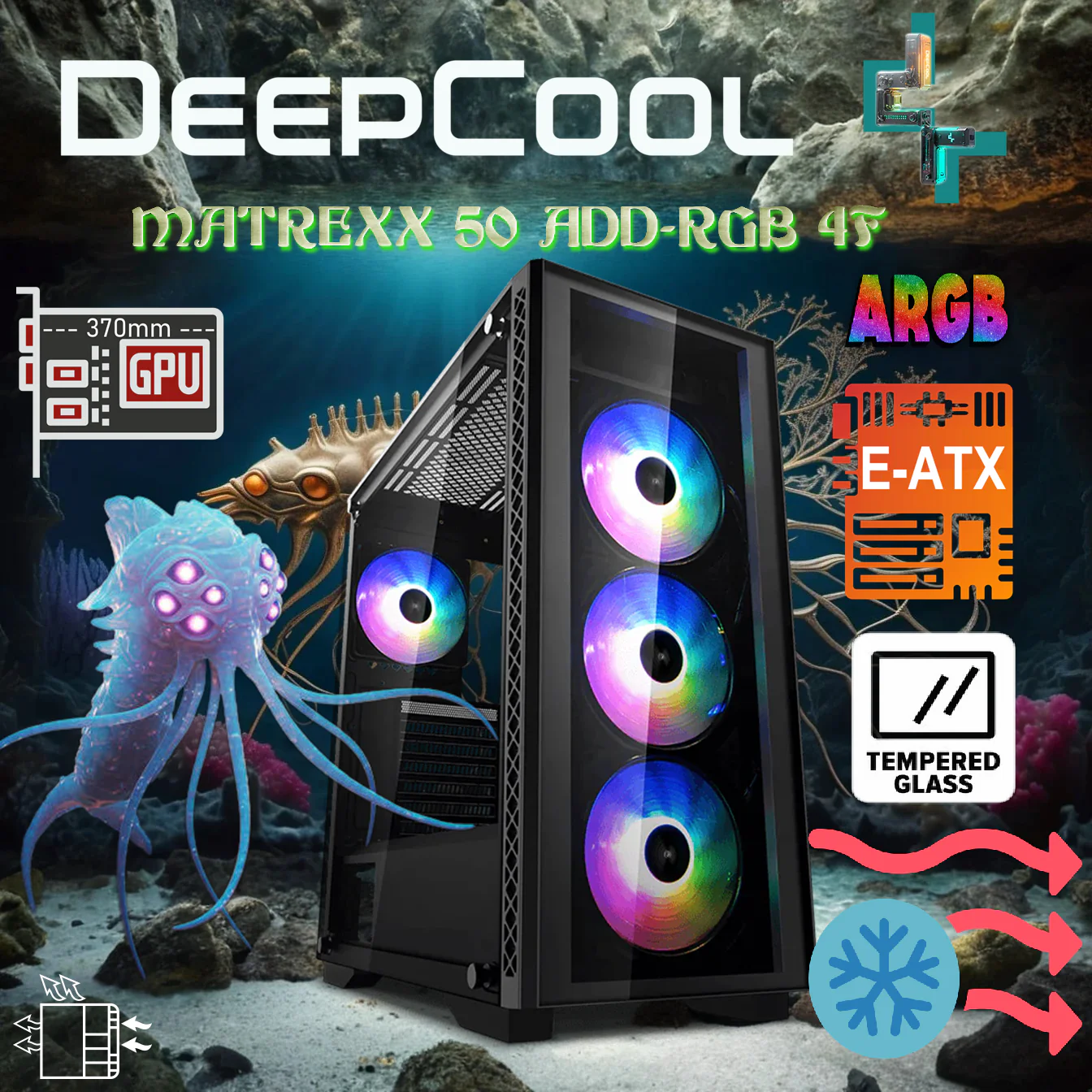 DP-ATX-MATREXX50-AR DEEPCOOL MATREXX 50 ADD-RGB 4F MID TOWER E-ATX 370mm BLACK CASE DeepCool Matrexx 50 ADD-RGB 4F Mid-Tower ATX Case With 4 A-RGB Fans