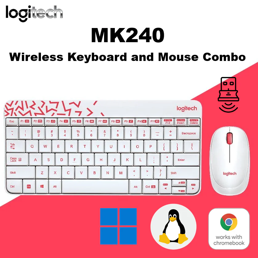 920-008160 LOGITECH KEYBOARD MK240 NANO WIRELESS WHITE/BRIGHT RED COMBO Logitech MK240 Nano Wireless Keyboard And Mouse Combo – Mini Space-Saving Design