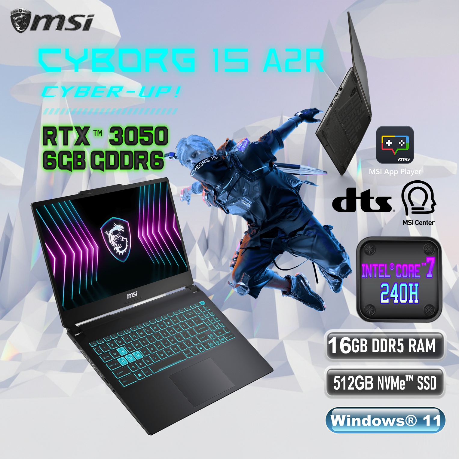 9S7-15K111-2031 Msi Cyborg 15 A2RUDX-2031AE Core 7 240H 16Gb RAM/ 512GB Nvme/ Rtx3050 6Gb Graphics/15.6" F MSI Cyborg 15 A2RUDX Intel® Core 7 240H | 16GB DDR5 RAM