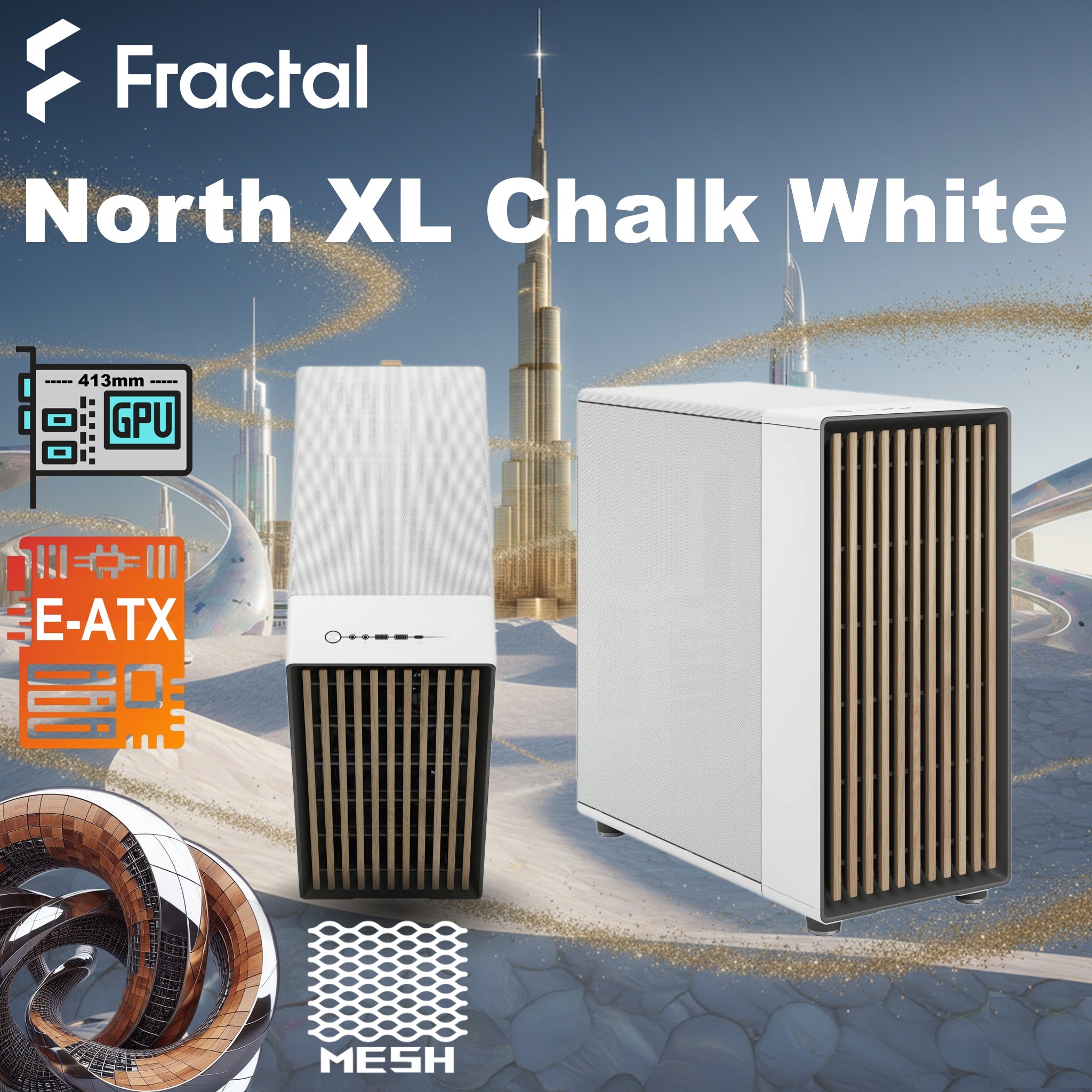 FD-C-NOR1X-03 Fractal North XL Mid-Tower CASE CHALK WHITE MESH SIDE PANEL Fractal North XL Chalk White Mesh PC Case – Open-Front Natural Ventilation E-ATX Support