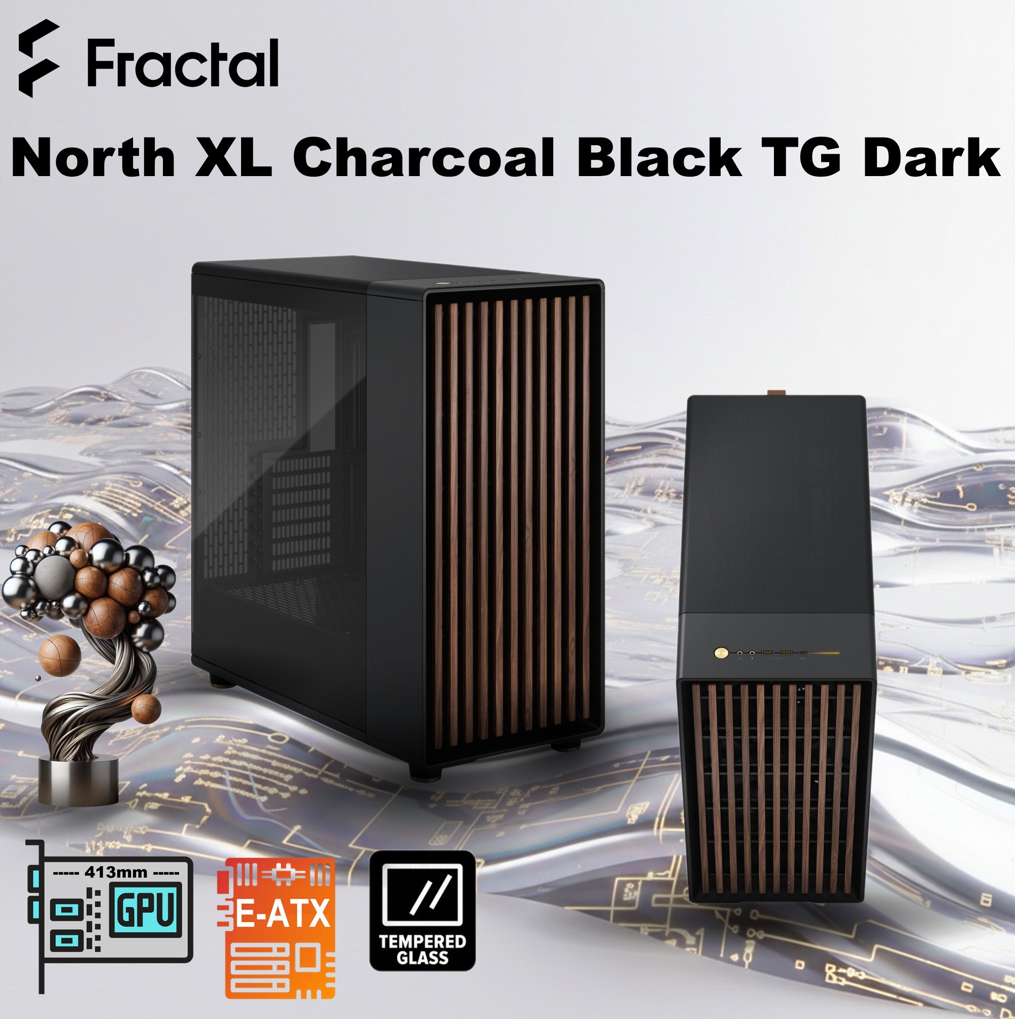 FD-C-NOR1X-02 Fractal North XL Mid-Tower GAMING CASE CHARCOAL DARK TINT Fractal North XL Charcoal Black TG Dark PC Case – Tempered Glass Side Panel