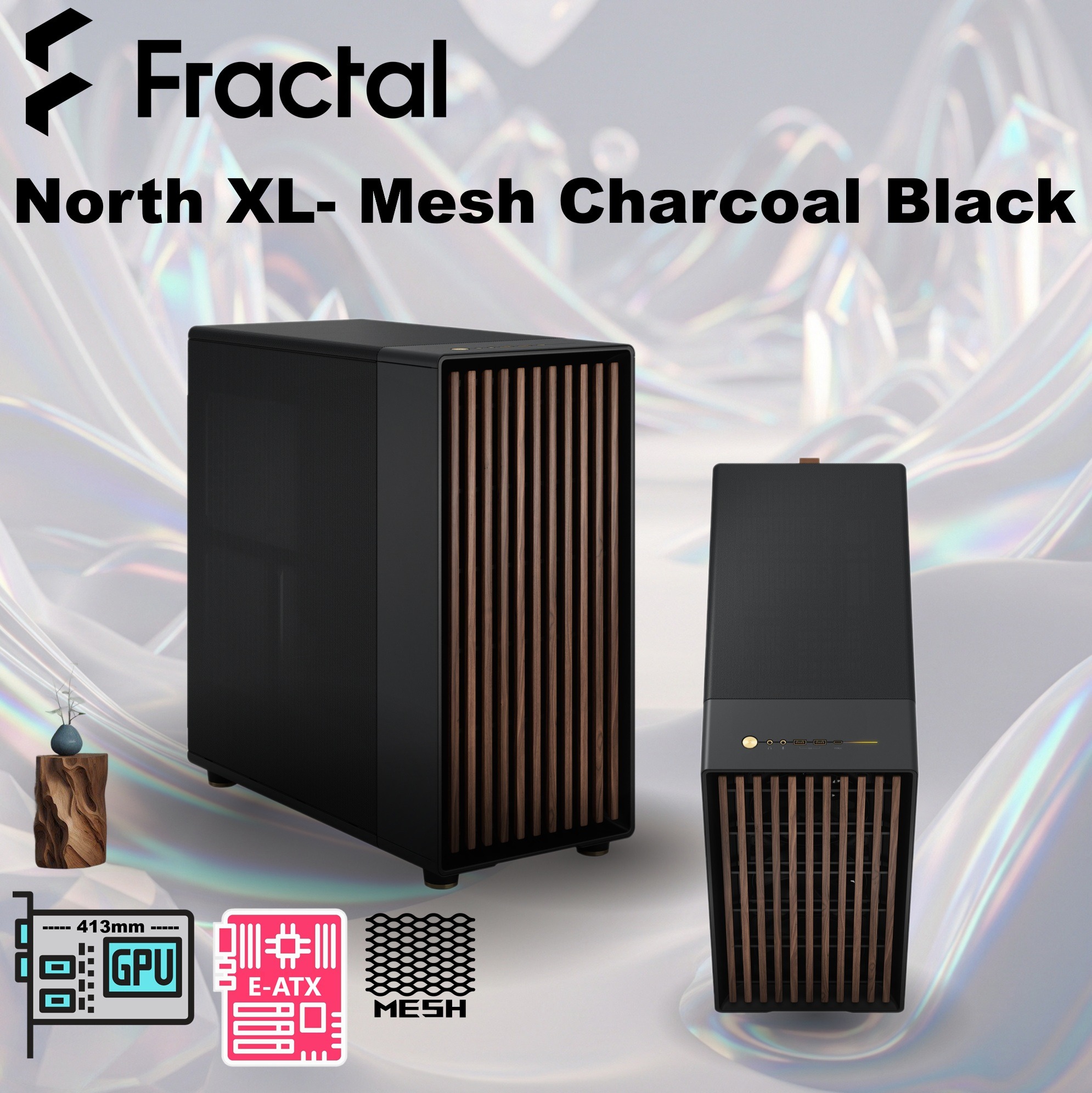 FD-C-NOR1X-01 Fractal North XL Mid-Tower CASE CHARCOAL Mesh Side Panel Fractal North XL Charcoal Mesh Mid Tower Case FD-C-NOR1X-01 – Open-Front Natural Ventilation