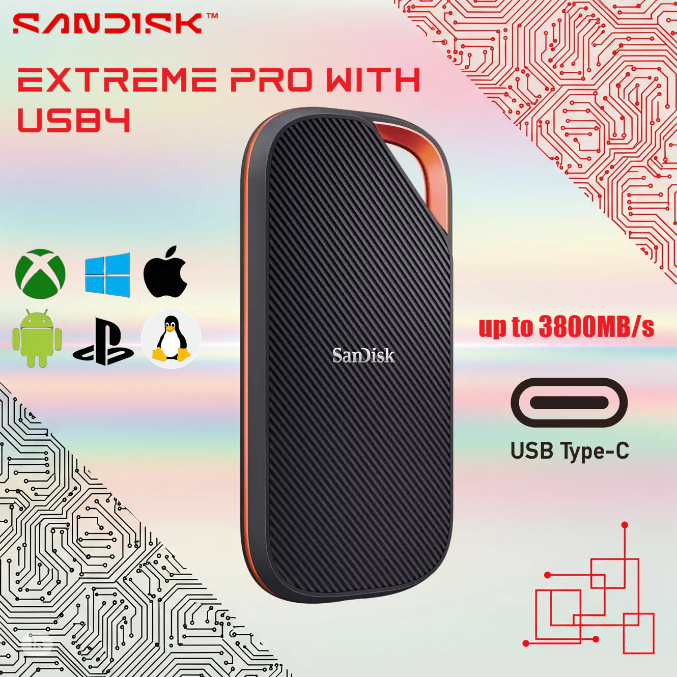 SDSSDE82-2T00-G25 EXTERNAL SANDISK 2TB PORTABLE SSD 3800Mb/s SanDisk Extreme PRO USB4 2TB Portable SSD With Up To 3800MB/s Read